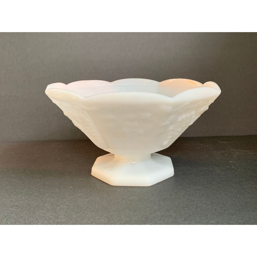 Milk Glass Pedestal Compote Dish - Mid Century Anchor Hocking Harvest Grapes